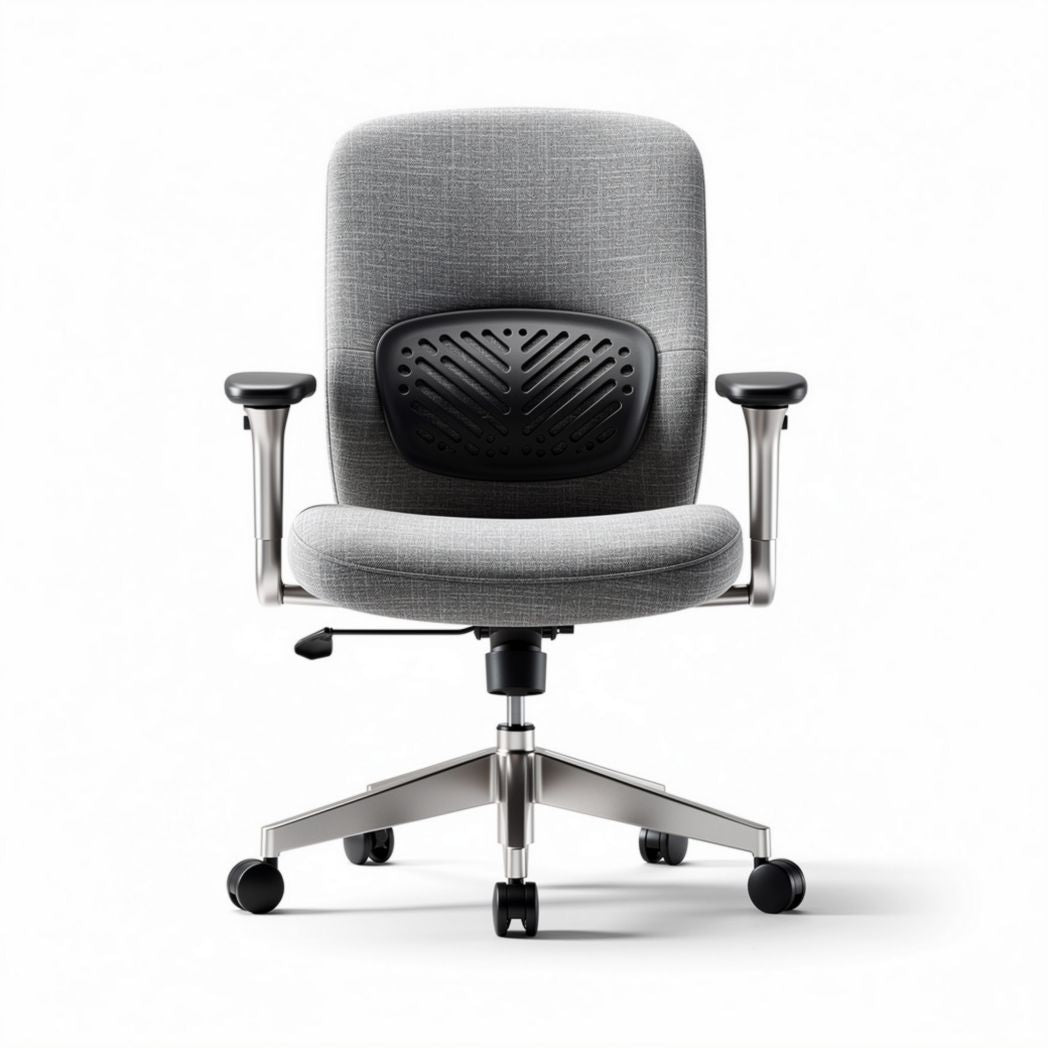 Cadeira de escritório ergonômica em tecido cinza com ajuste de altura e apoio lombar