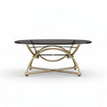 Mesa de centro ovalada com tampo de vidro preto e estrutura dourada 150 x 90 x 75cm