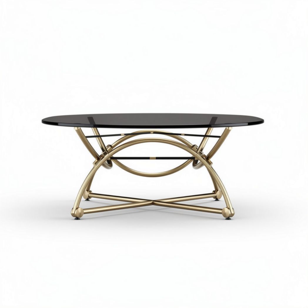 Mesa de centro ovalada com tampo de vidro preto e estrutura dourada 150 x 90 x 75cm