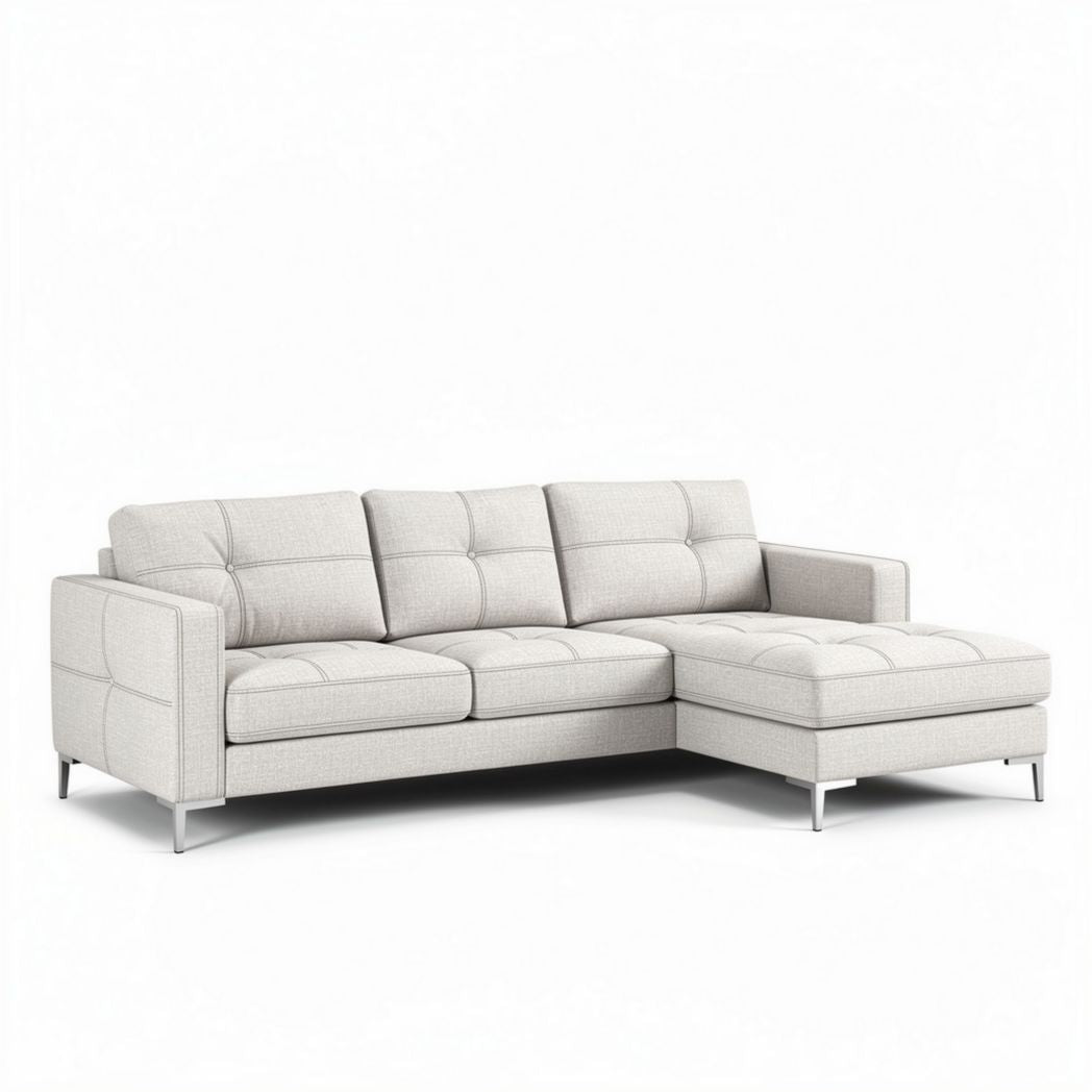 Sofá de canto em tecido cinza claro 210 x 90 x 85cm com chaise longue