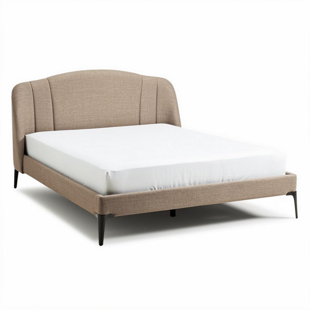 Cama estofada em tecido bege 200 x 160 x 100cm com cabeceira alta